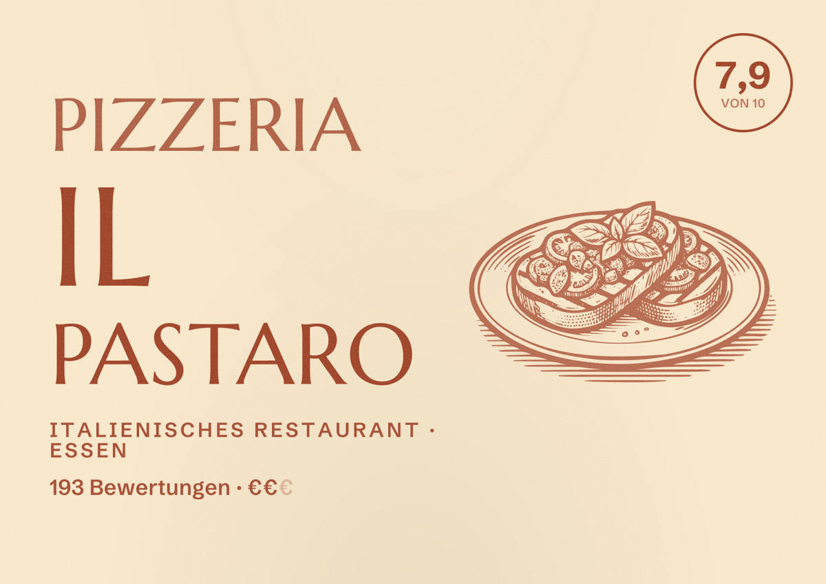 Illustriertes Poster von Pizzeria IL Pastaro, Italienisches Restaurant in Essen: Bewertung 7,9 von 10 aus 193 Bewertungen, Preisniveau €€