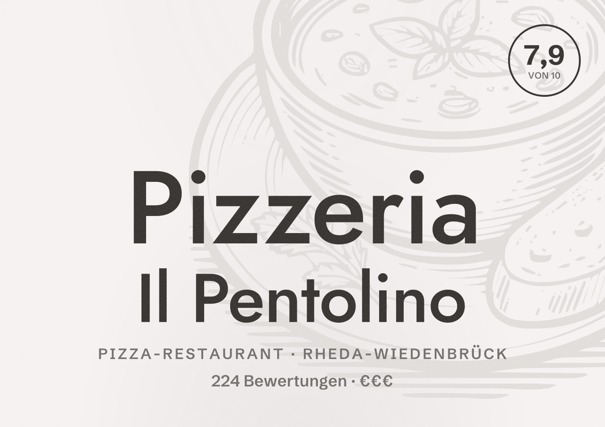 Illustriertes Poster von Pizzeria Il Pentolino, Pizza-Restaurant in Rheda-Wiedenbrück: Bewertung 7,9 von 10 aus 224 Bewertungen, Preisniveau €€€