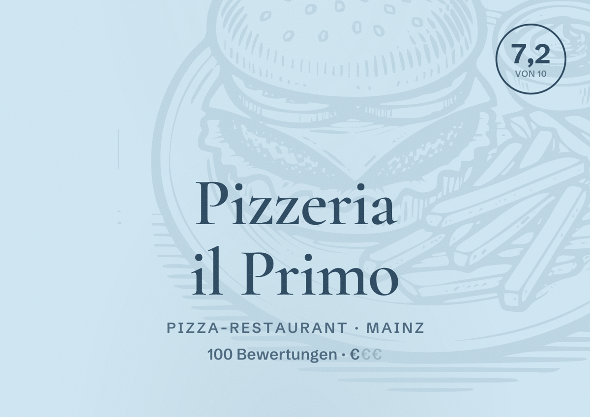 Illustriertes Poster von Pizzeria il Primo, Pizza-Restaurant in Mainz: Bewertung 7,2 von 10 aus 100 Bewertungen, Preisniveau €