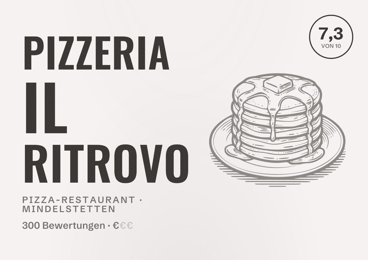 Illustriertes Poster von Pizzeria Il Ritrovo, Pizza-Restaurant in Mindelstetten: Bewertung 7,3 von 10 aus 300 Bewertungen, Preisniveau €
