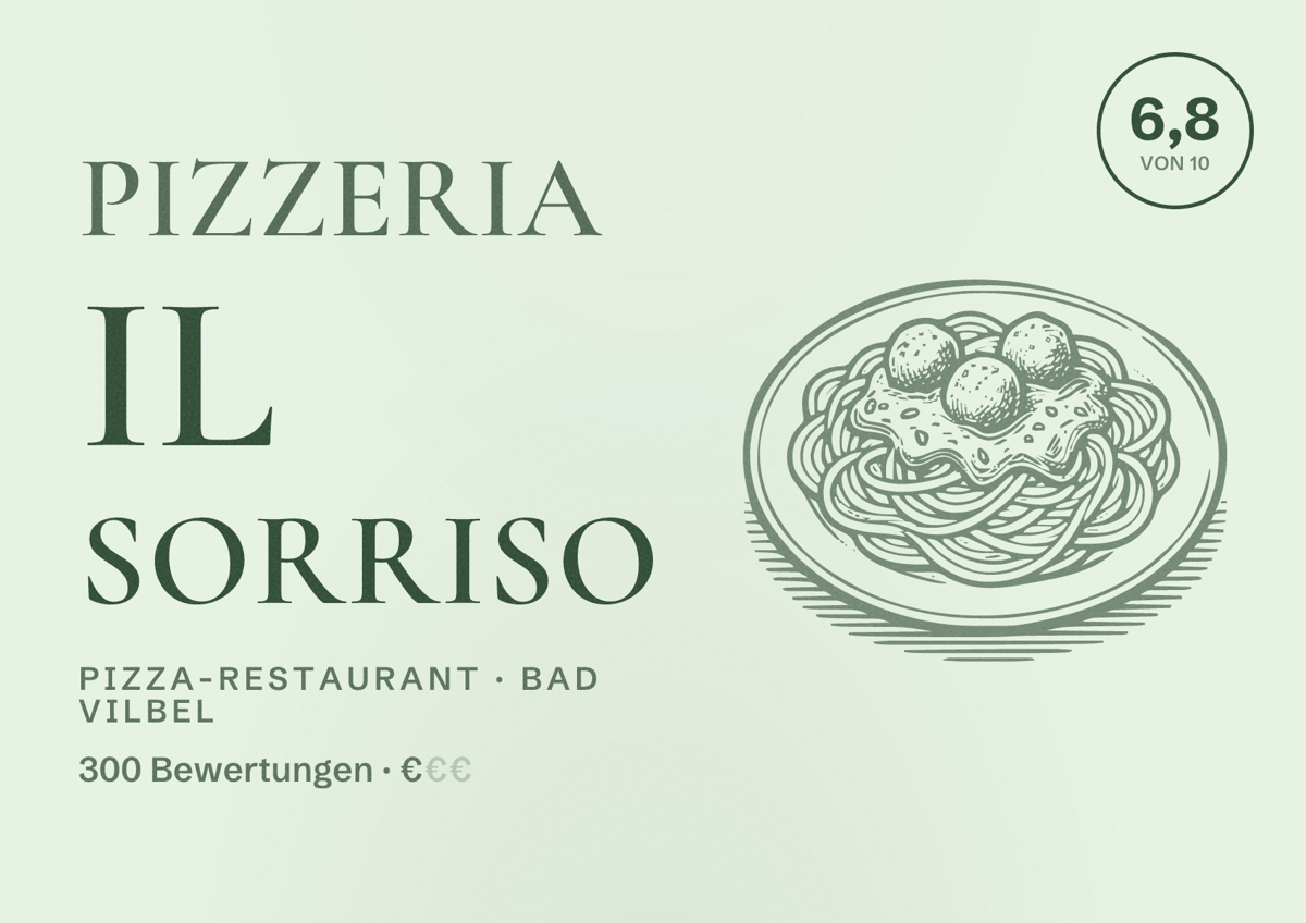 Illustriertes Poster von Pizzeria Il Sorriso, Pizza-Restaurant in Bad Vilbel: Bewertung 6,8 von 10 aus 300 Bewertungen, Preisniveau €