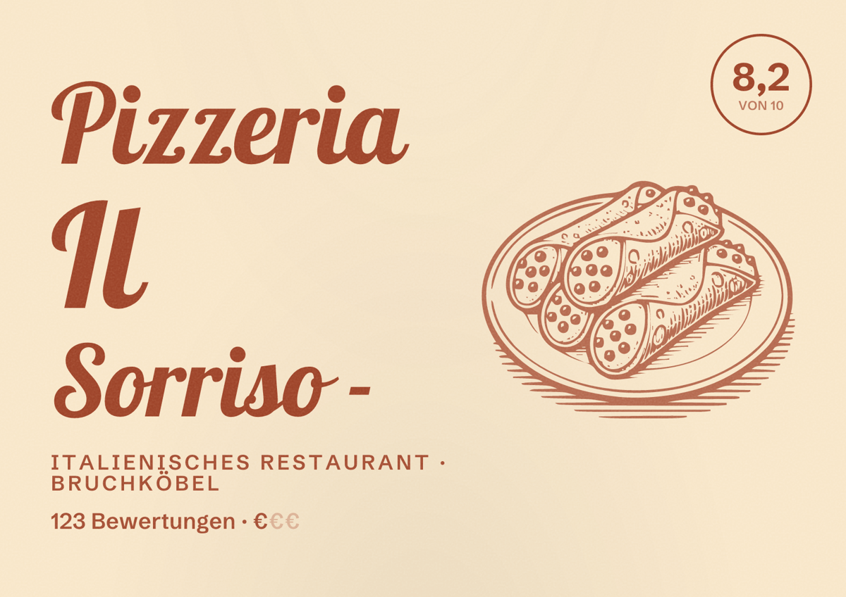 Illustriertes Poster von Pizzeria Il Sorriso -, Italienisches Restaurant in Bruchköbel: Bewertung 8,2 von 10 aus 123 Bewertungen, Preisniveau €