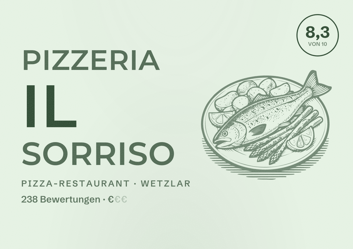 Illustriertes Poster von Pizzeria il Sorriso, Pizza-Restaurant in Wetzlar: Bewertung 8,3 von 10 aus 238 Bewertungen, Preisniveau €