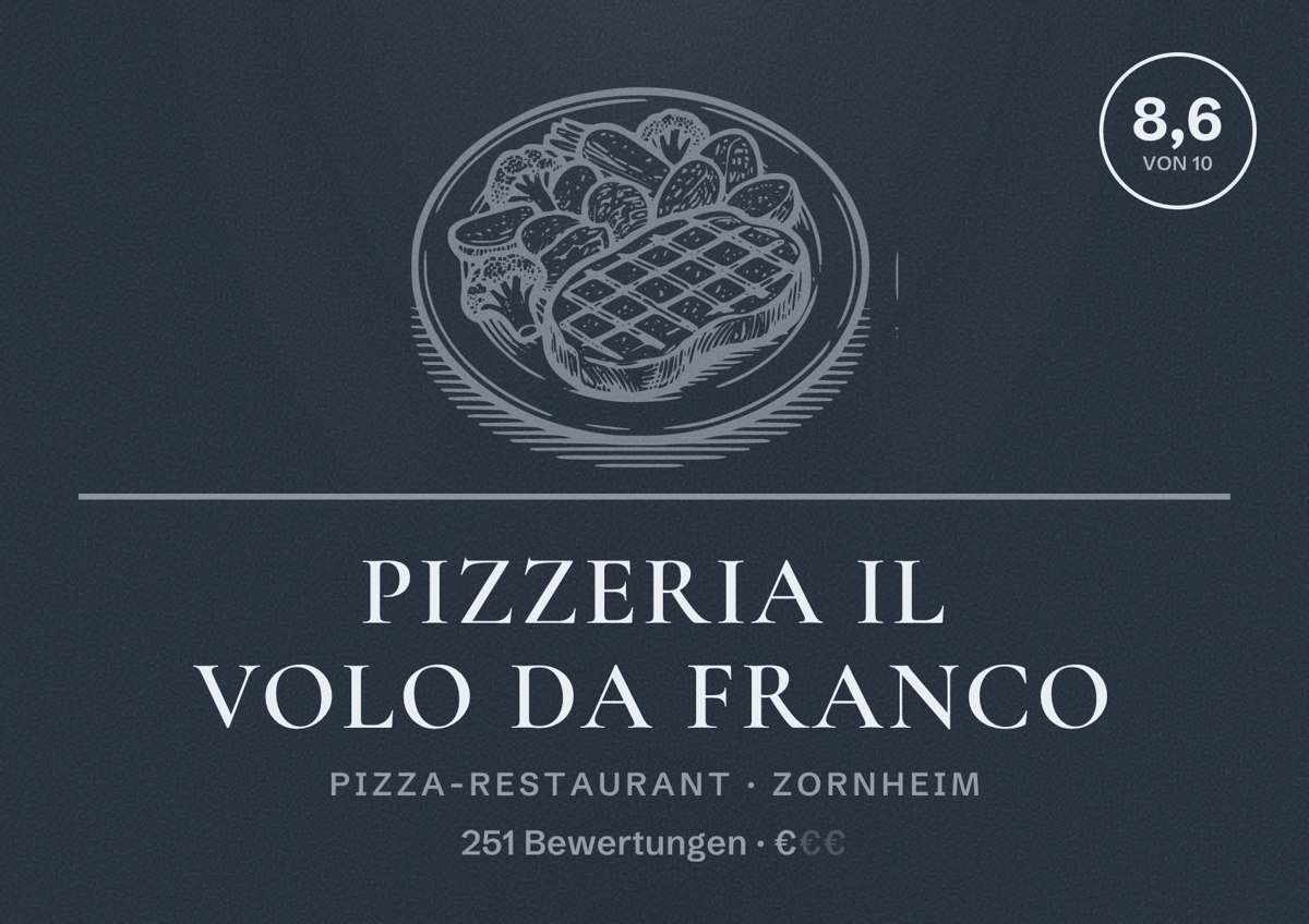 Illustriertes Poster von Pizzeria IL VOLO Da Franco, Pizza-Restaurant in Zornheim: Bewertung 8,6 von 10 aus 251 Bewertungen, Preisniveau €