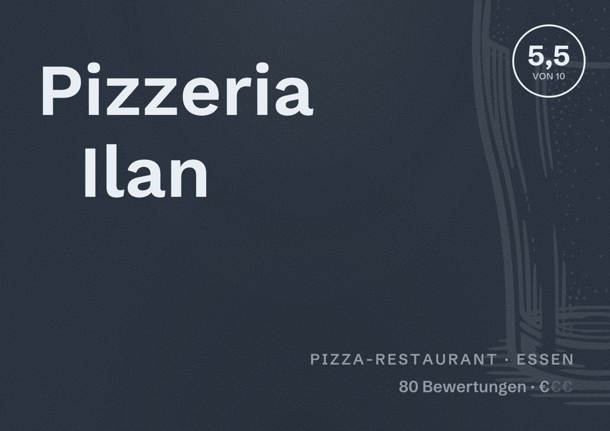 Illustriertes Poster von Pizzeria Ilan, Pizza-Restaurant in Essen: Bewertung 5,5 von 10 aus 80 Bewertungen, Preisniveau €