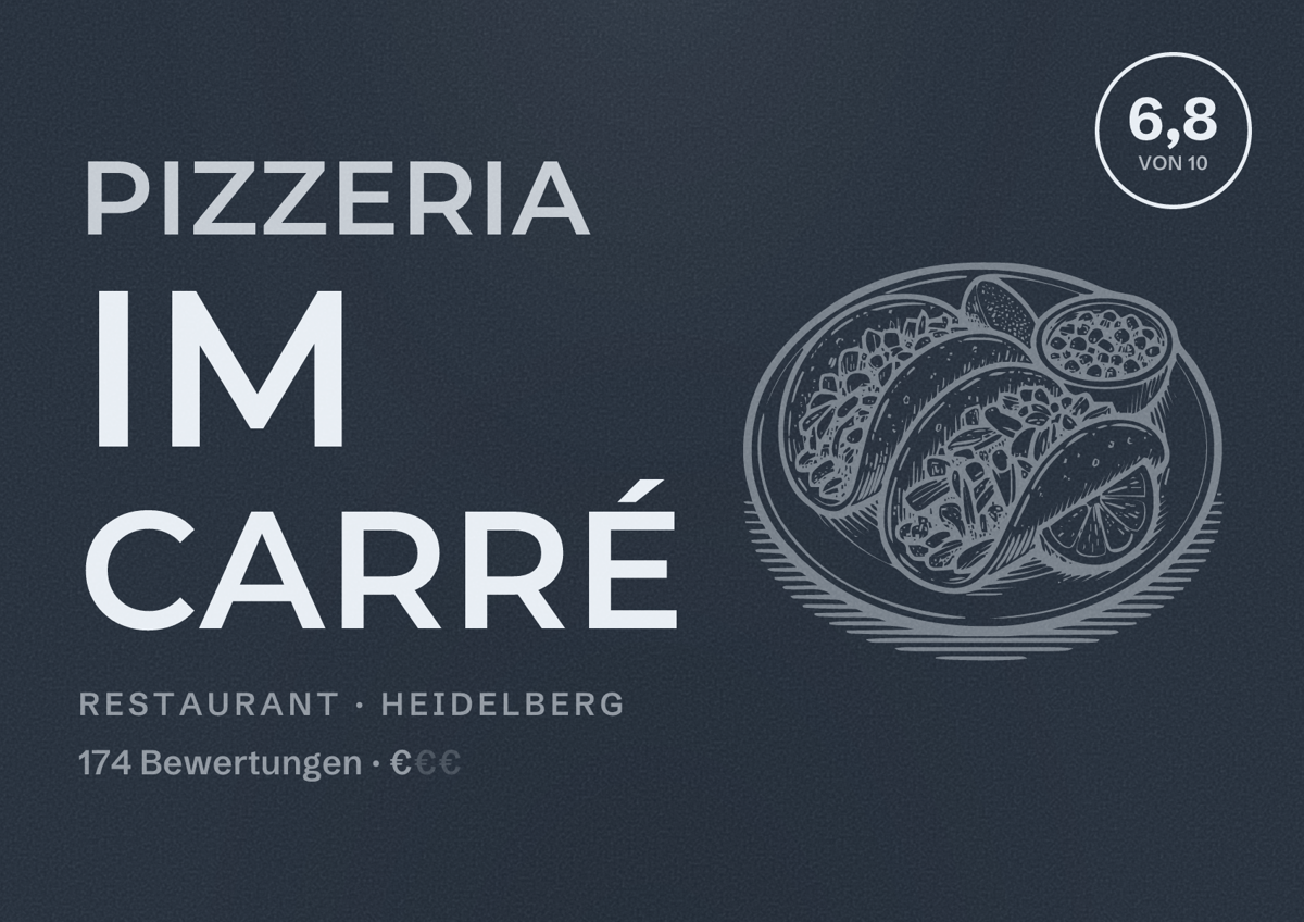 Illustriertes Poster von Pizzeria im Carré, Restaurant in Heidelberg: Bewertung 6,8 von 10 aus 174 Bewertungen, Preisniveau €