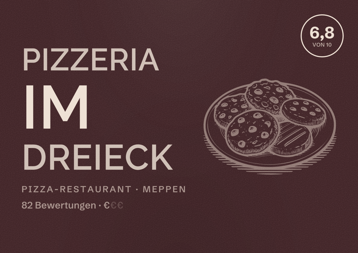 Illustriertes Poster von Pizzeria im Dreieck, Pizza-Restaurant in Meppen: Bewertung 6,8 von 10 aus 82 Bewertungen, Preisniveau €