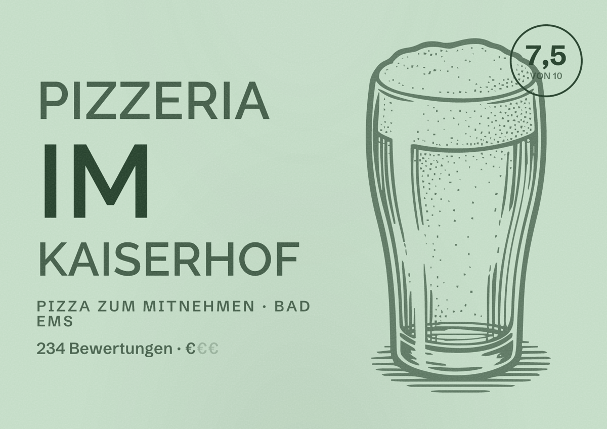 Illustriertes Poster von Pizzeria im Kaiserhof, Pizza zum Mitnehmen in Bad Ems: Bewertung 7,5 von 10 aus 234 Bewertungen, Preisniveau €