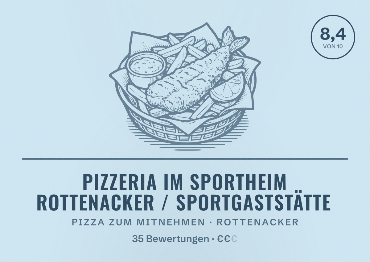 Illustriertes Poster von Pizzeria im Sportheim Rottenacker / Sportgaststätte, Pizza zum Mitnehmen in Rottenacker: Bewertung 8,4 von 10 aus 35 Bewertungen, Preisniveau €€