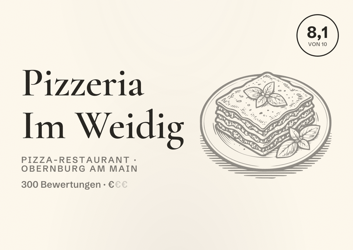Illustriertes Poster von Pizzeria Im Weidig, Pizza-Restaurant in Obernburg am Main: Bewertung 8,1 von 10 aus 300 Bewertungen, Preisniveau €