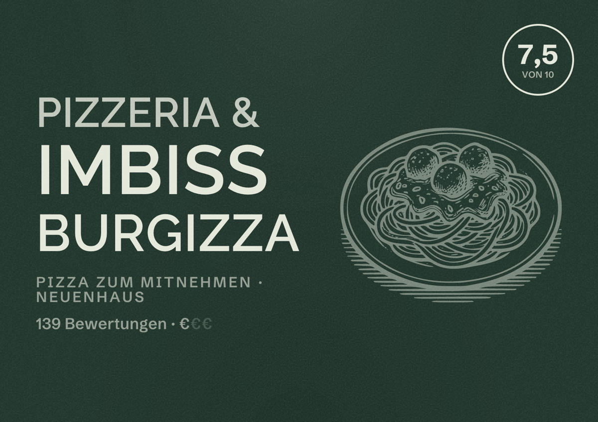 Illustriertes Poster von Pizzeria & Imbiss Burgizza, Pizza zum Mitnehmen in Neuenhaus: Bewertung 7,5 von 10 aus 139 Bewertungen, Preisniveau €