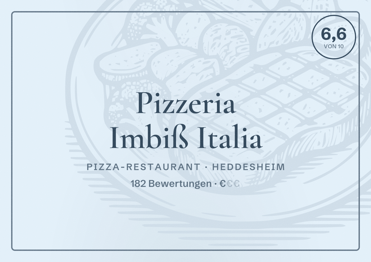 Illustriertes Poster von Pizzeria Imbiß Italia, Pizza-Restaurant in Heddesheim: Bewertung 6,6 von 10 aus 182 Bewertungen, Preisniveau €
