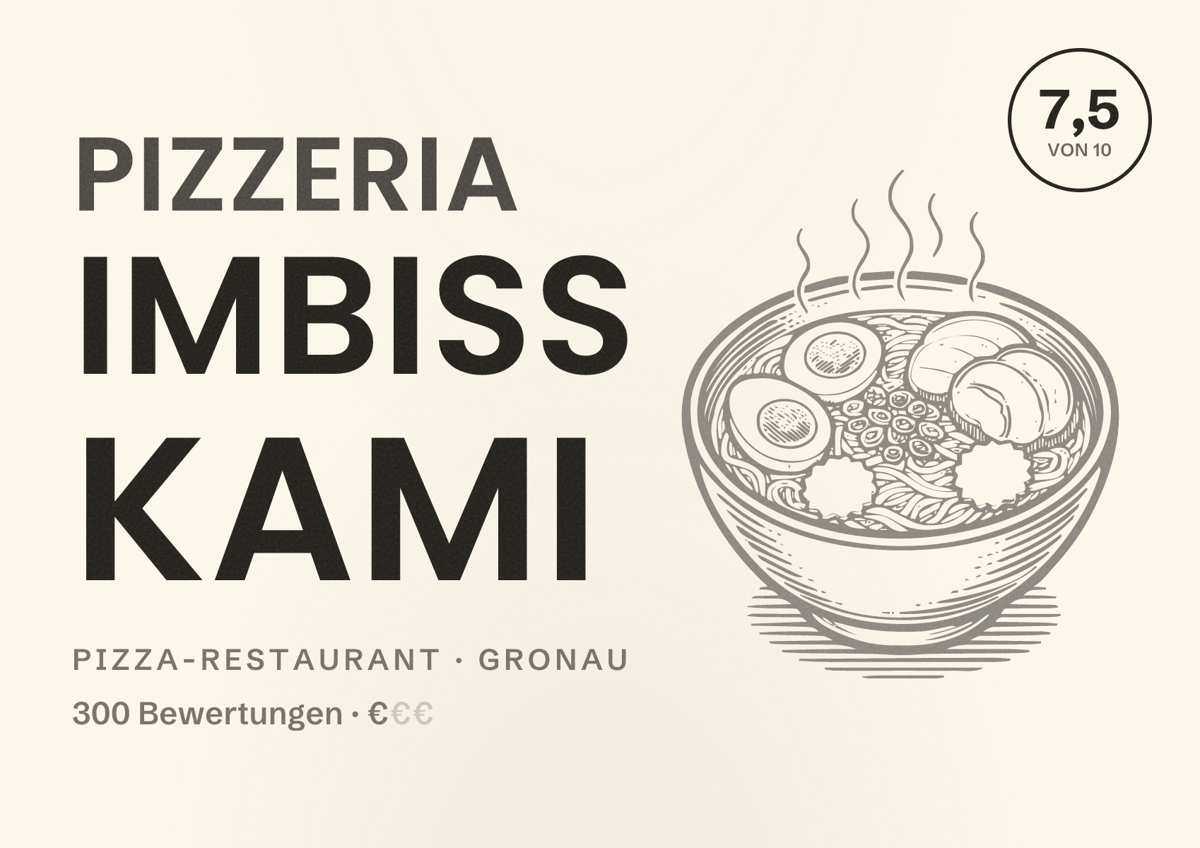 Illustriertes Poster von Pizzeria Imbiß Kami, Pizza-Restaurant in Gronau: Bewertung 7,5 von 10 aus 300 Bewertungen, Preisniveau €