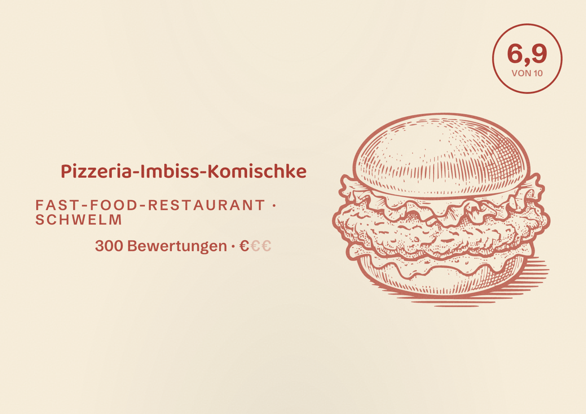 Illustriertes Poster von Pizzeria-Imbiss-Komischke, Fast-Food-Restaurant in Schwelm: Bewertung 6,9 von 10 aus 300 Bewertungen, Preisniveau €