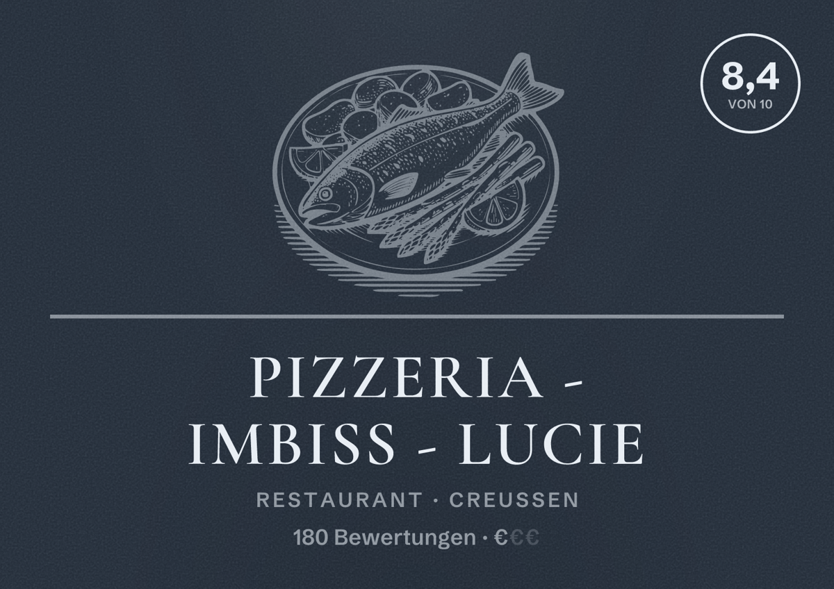 Illustriertes Poster von Pizzeria - Imbiss - Lucie, Restaurant in Creußen: Bewertung 8,4 von 10 aus 180 Bewertungen, Preisniveau €