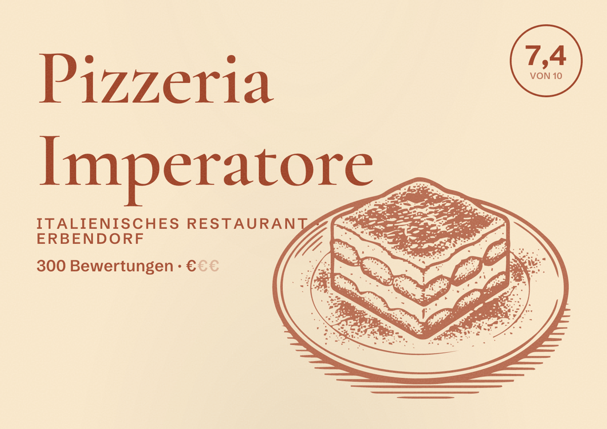 Illustriertes Poster von Pizzeria Imperatore, Italienisches Restaurant in Erbendorf: Bewertung 7,4 von 10 aus 300 Bewertungen, Preisniveau €
