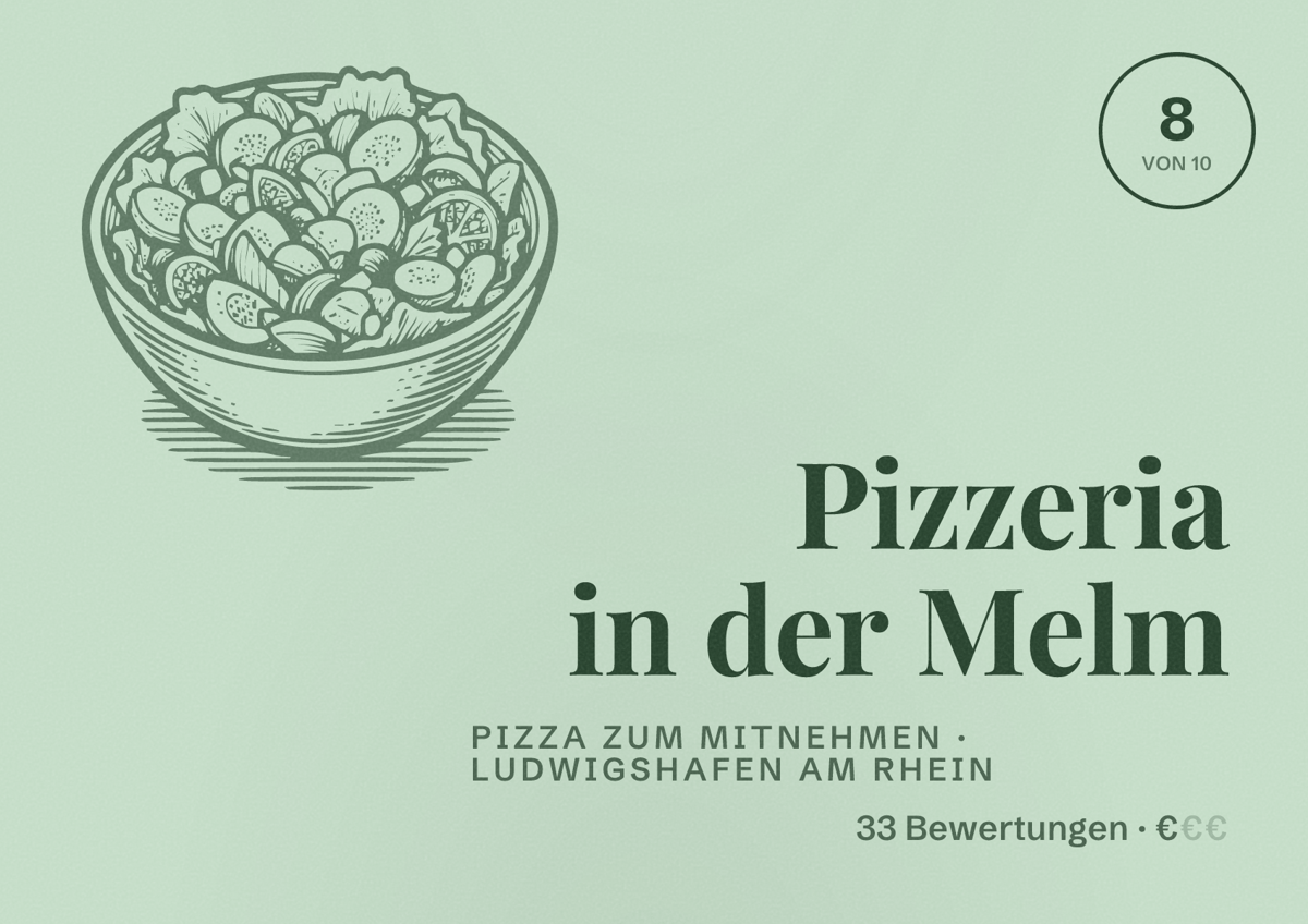 Illustriertes Poster von Pizzeria in der Melm, Pizza zum Mitnehmen in Ludwigshafen am Rhein: Bewertung 8 von 10 aus 33 Bewertungen, Preisniveau €