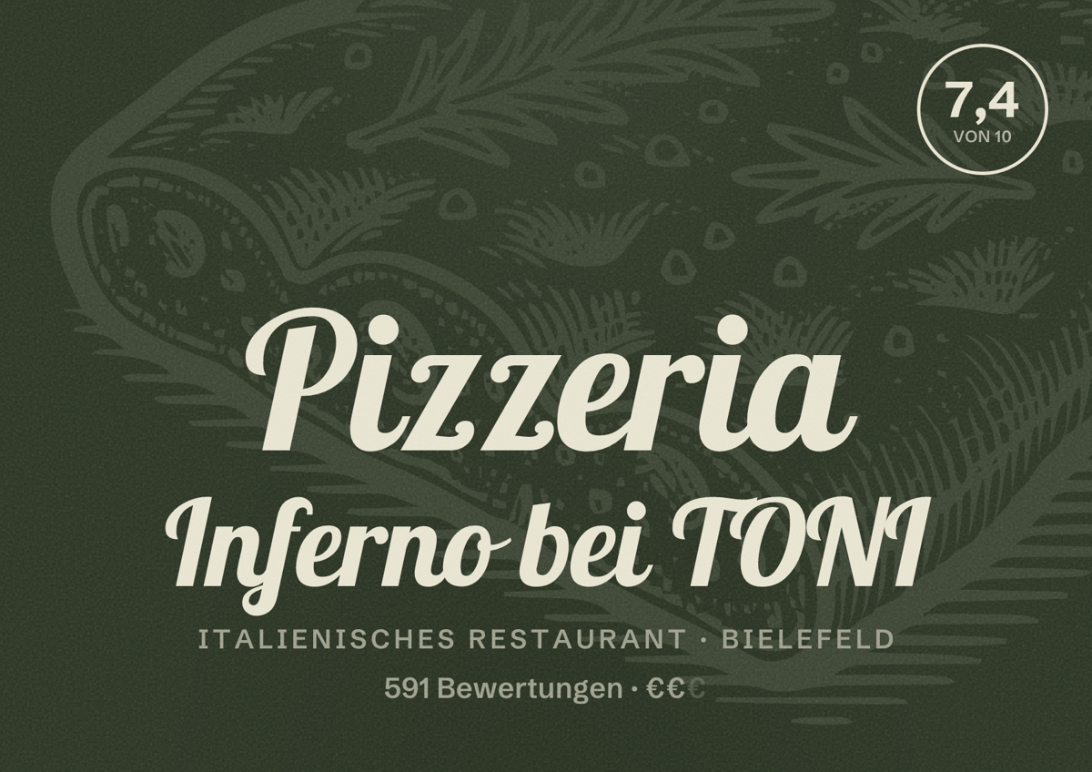 Illustriertes Poster von Pizzeria Inferno bei TONI, Italienisches Restaurant in Bielefeld: Bewertung 7,4 von 10 aus 591 Bewertungen, Preisniveau €€