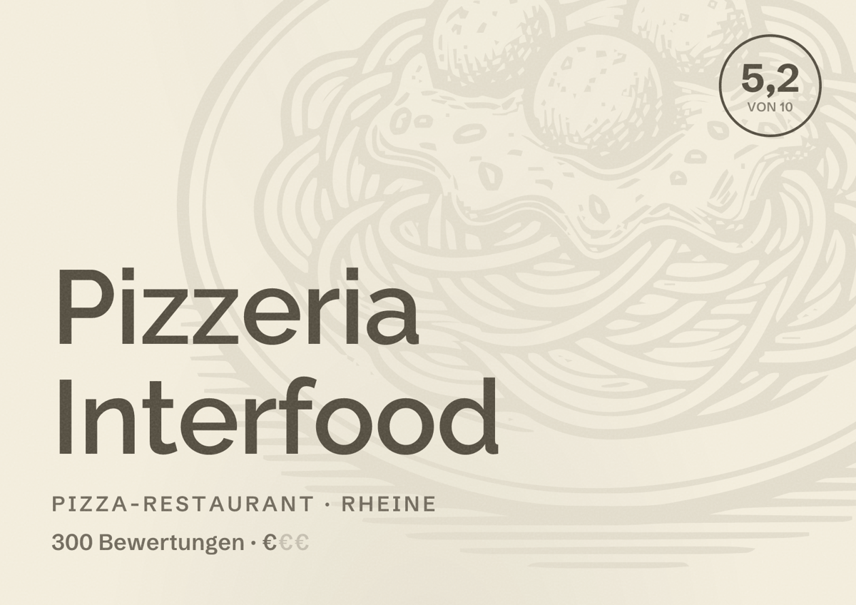 Illustriertes Poster von Pizzeria Interfood, Pizza-Restaurant in Rheine: Bewertung 5,2 von 10 aus 300 Bewertungen, Preisniveau €