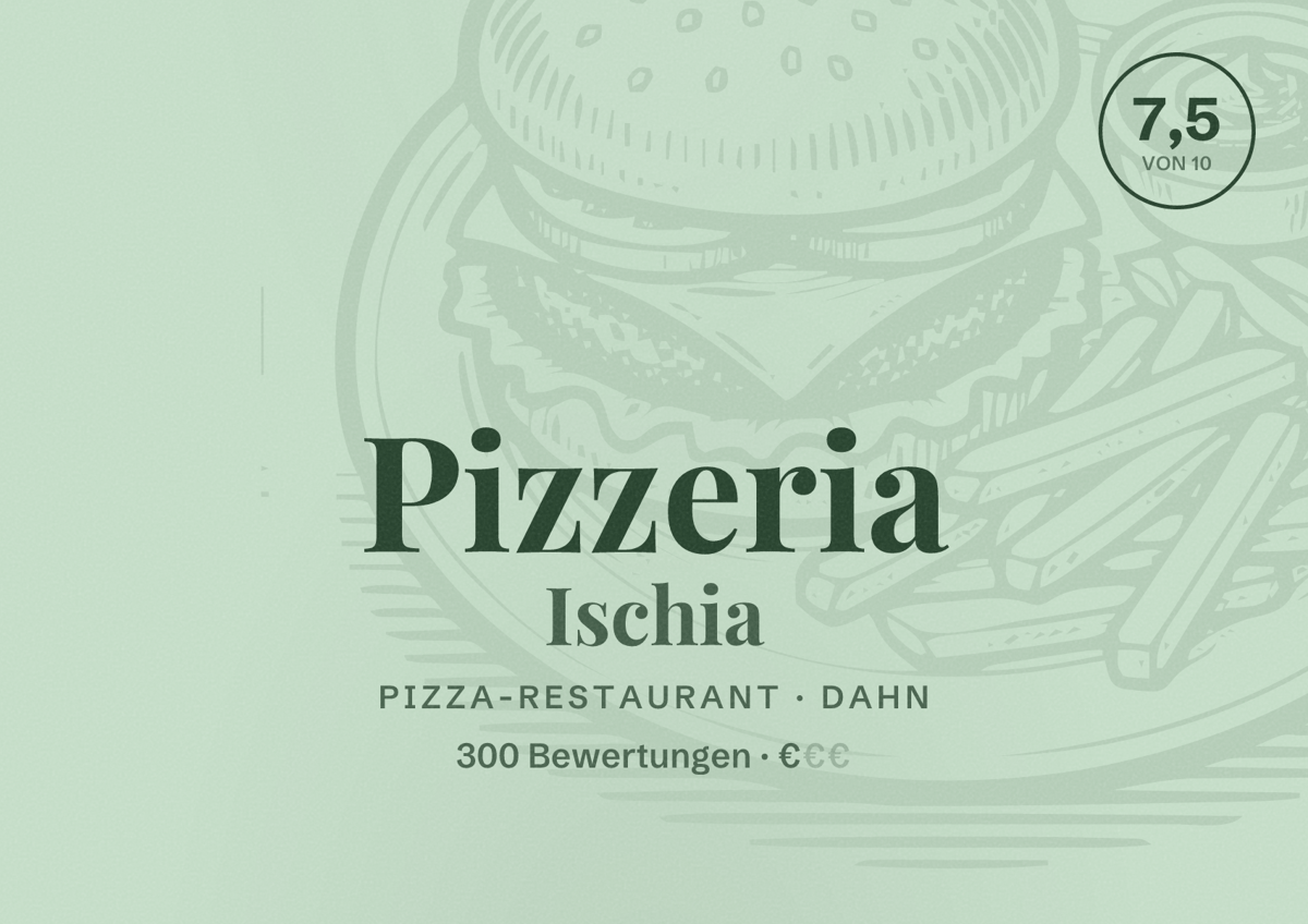 Illustriertes Poster von Pizzeria Ischia, Pizza-Restaurant in Dahn: Bewertung 7,5 von 10 aus 300 Bewertungen, Preisniveau €