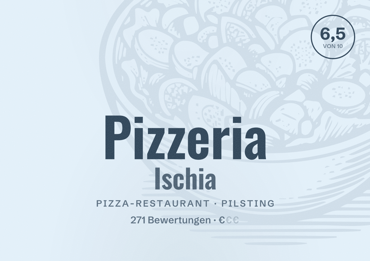 Illustriertes Poster von Pizzeria Ischia, Pizza-Restaurant in Pilsting: Bewertung 6,5 von 10 aus 271 Bewertungen, Preisniveau €