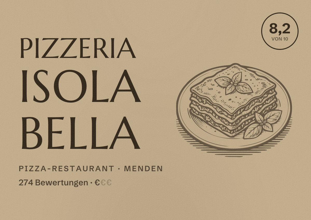 Illustriertes Poster von Pizzeria Isola Bella, Pizza-Restaurant in Menden: Bewertung 8,2 von 10 aus 274 Bewertungen, Preisniveau €