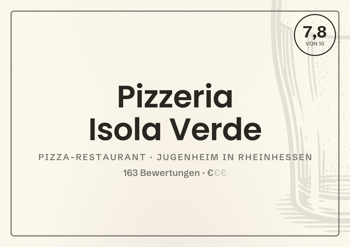Illustriertes Poster von Pizzeria Isola Verde, Pizza-Restaurant in Jugenheim in Rheinhessen: Bewertung 7,8 von 10 aus 163 Bewertungen, Preisniveau €