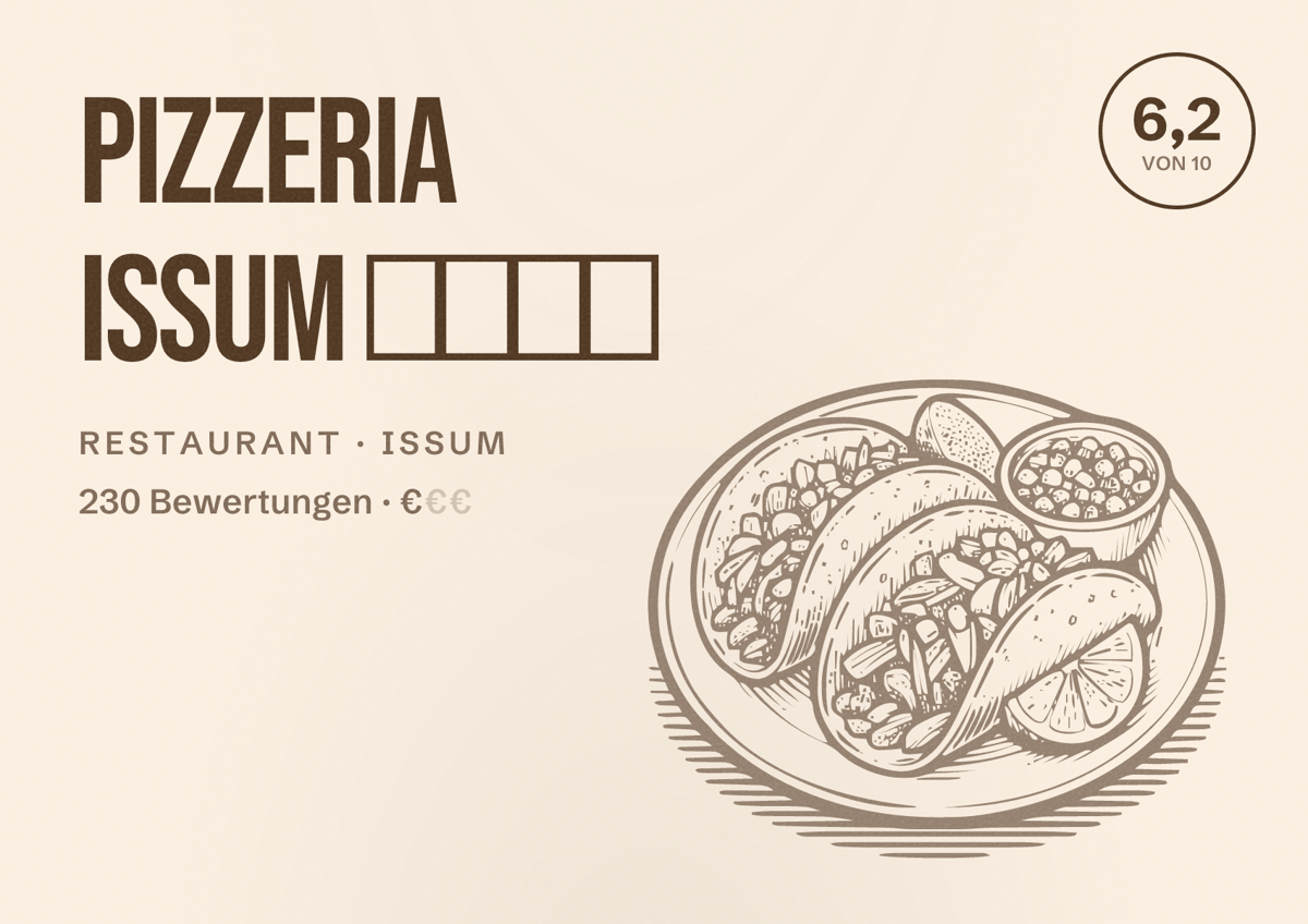 Illustriertes Poster von Pizzeria Issum 🍕🌮🥤✅, Restaurant in Issum: Bewertung 6,2 von 10 aus 230 Bewertungen, Preisniveau €