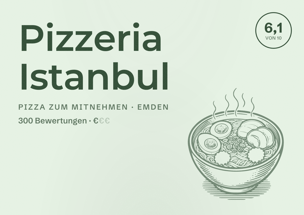 Illustriertes Poster von Pizzeria Istanbul, Pizza zum Mitnehmen in Emden: Bewertung 6,1 von 10 aus 300 Bewertungen, Preisniveau €