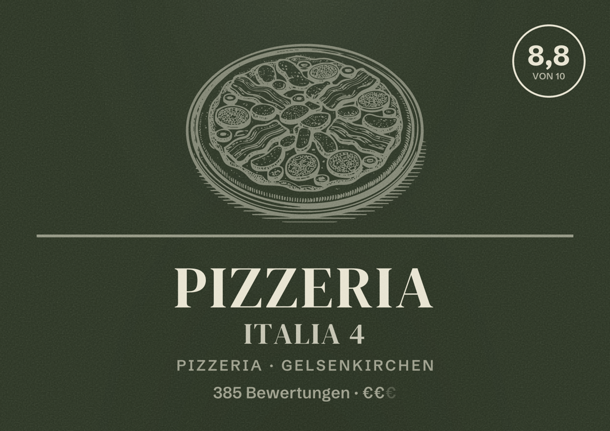 Illustriertes Poster von Pizzeria Italia 4, Pizzeria in Gelsenkirchen: Bewertung 8,8 von 10 aus 385 Bewertungen, Preisniveau €€