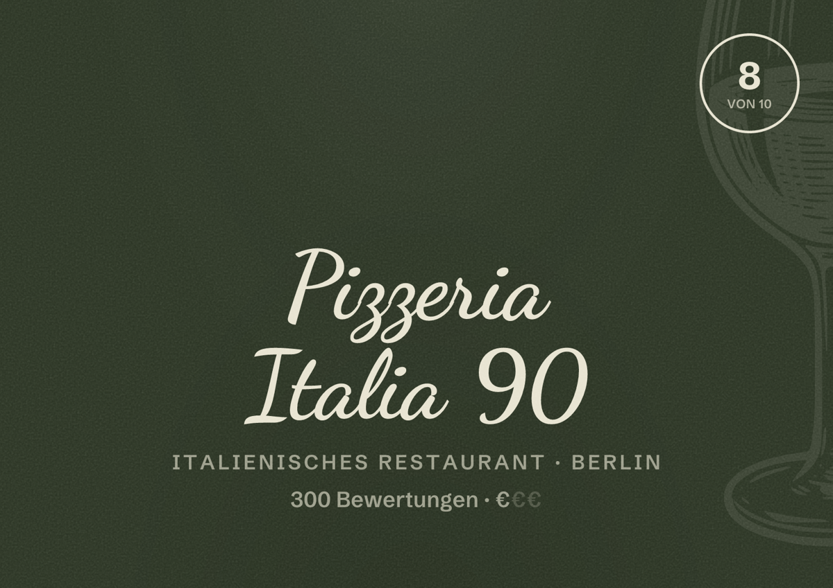 Illustriertes Poster von Pizzeria Italia 90, Italienisches Restaurant in Berlin: Bewertung 8,0 von 10 aus 300 Bewertungen, Preisniveau €