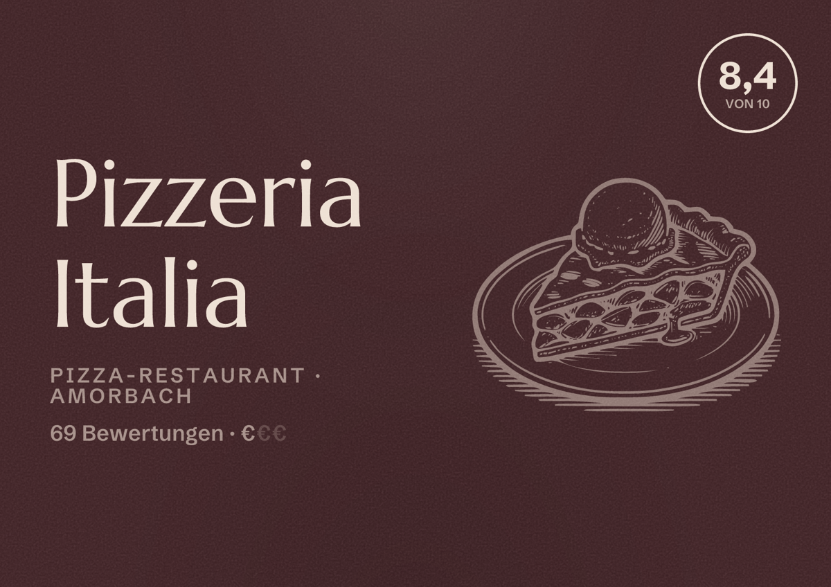 Illustriertes Poster von Pizzeria Italia, Pizza-Restaurant in Amorbach: Bewertung 8,4 von 10 aus 69 Bewertungen, Preisniveau €