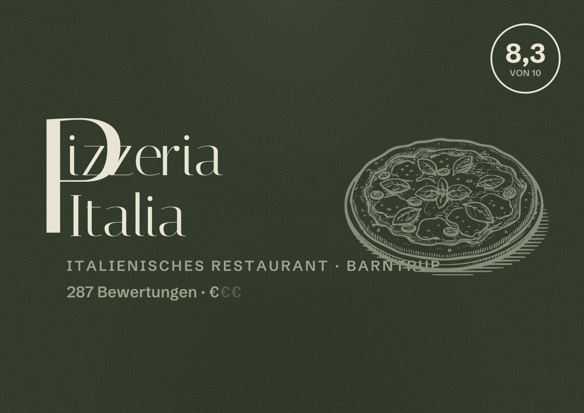 Illustriertes Poster von Pizzeria Italia, Italienisches Restaurant in Barntrup: Bewertung 8,3 von 10 aus 287 Bewertungen, Preisniveau €