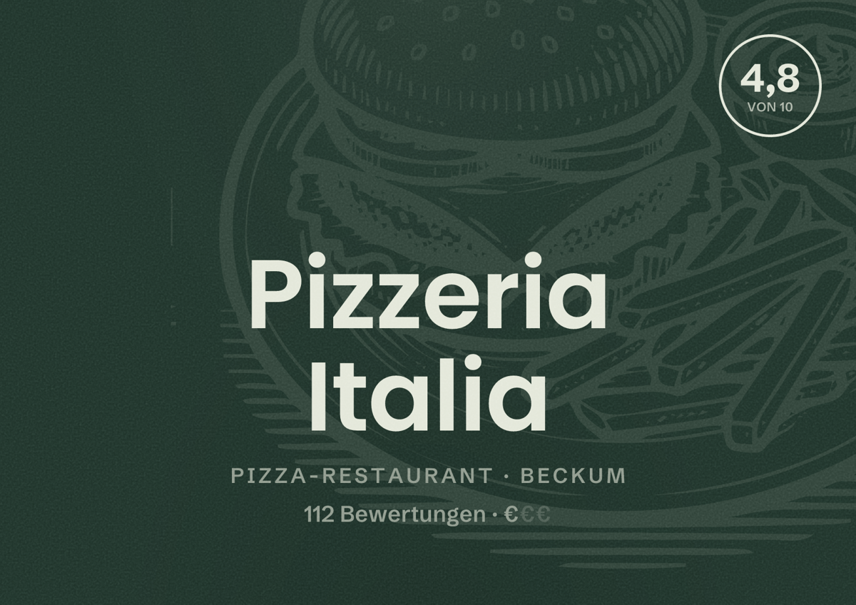 Illustriertes Poster von Pizzeria Italia, Pizza-Restaurant in Beckum: Bewertung 4,8 von 10 aus 112 Bewertungen, Preisniveau €
