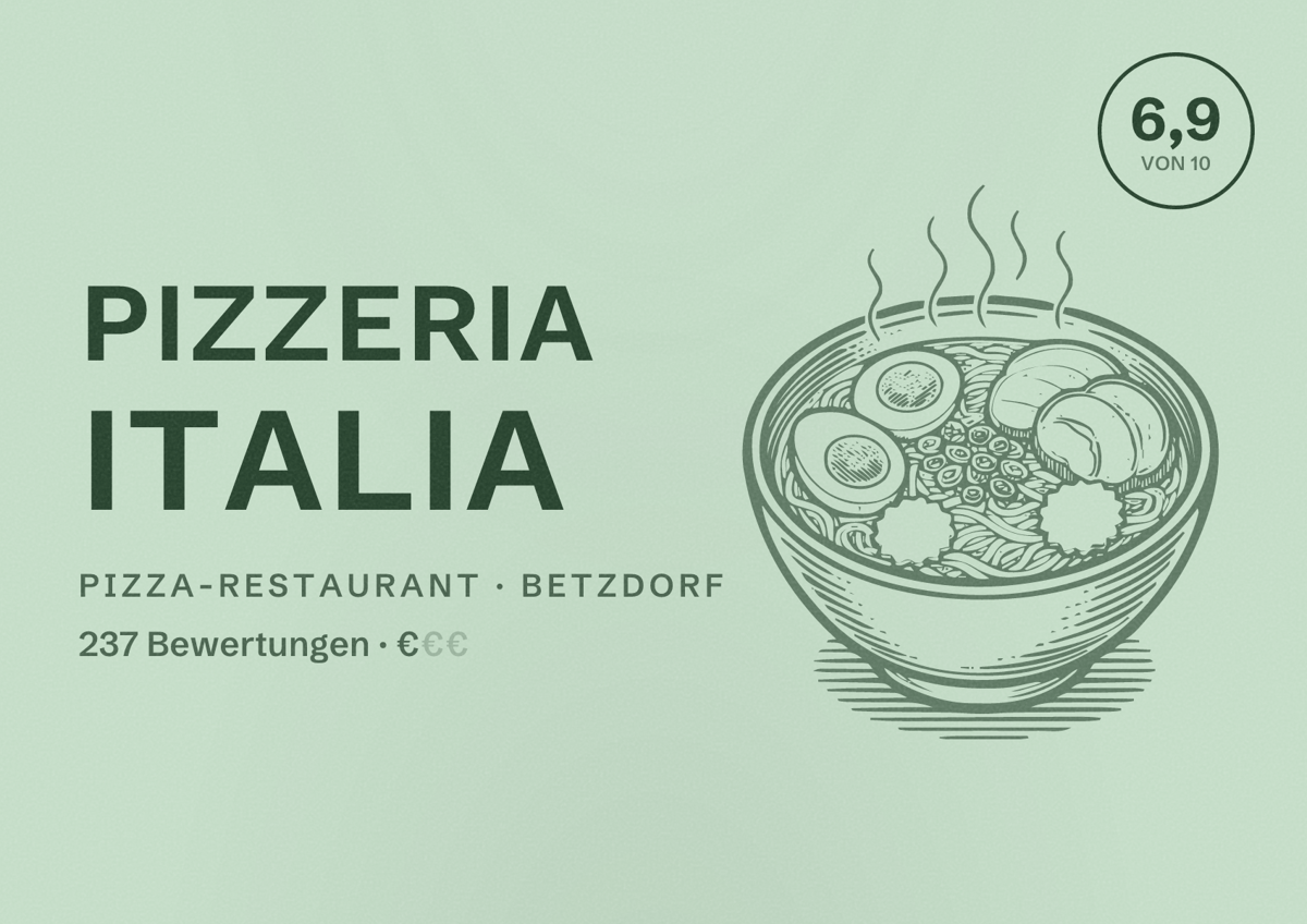 Illustriertes Poster von Pizzeria Italia, Pizza-Restaurant in Betzdorf: Bewertung 6,9 von 10 aus 237 Bewertungen, Preisniveau €