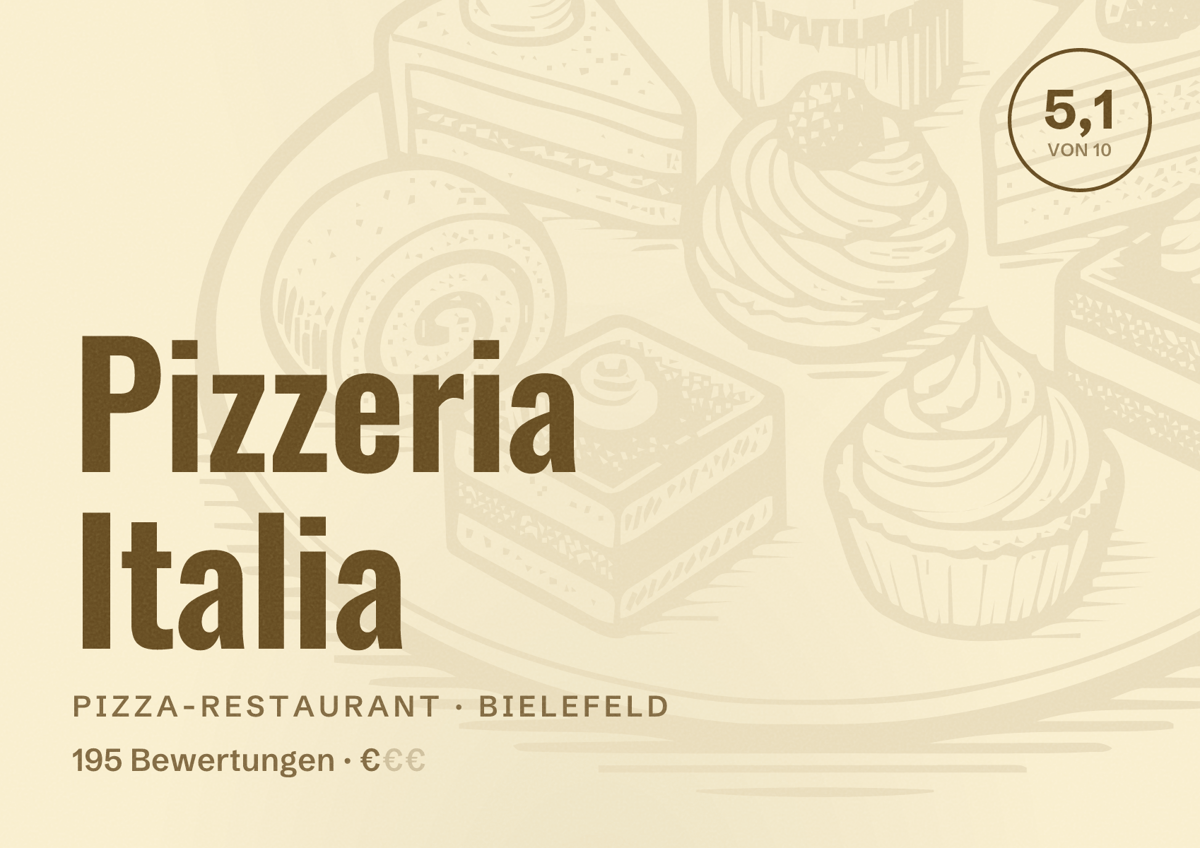 Illustriertes Poster von Pizzeria Italia, Pizza-Restaurant in Bielefeld: Bewertung 5,1 von 10 aus 195 Bewertungen, Preisniveau €