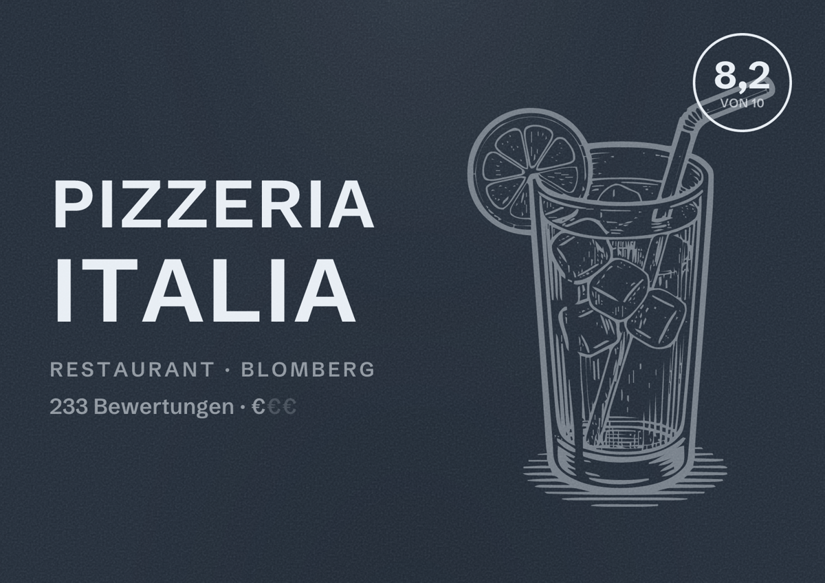 Illustriertes Poster von Pizzeria Italia, Restaurant in Blomberg: Bewertung 8,2 von 10 aus 233 Bewertungen, Preisniveau €