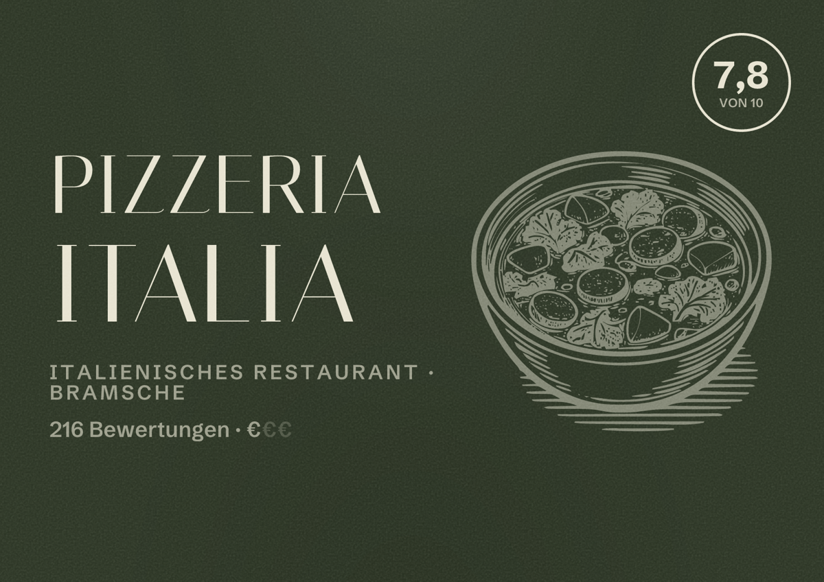Illustriertes Poster von Pizzeria Italia, Italienisches Restaurant in Bramsche: Bewertung 7,8 von 10 aus 216 Bewertungen, Preisniveau €