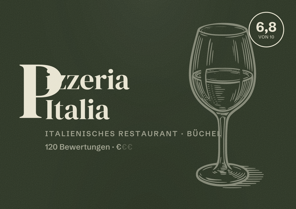 Illustriertes Poster von Pizzeria Italia, Italienisches Restaurant in Büchel: Bewertung 6,8 von 10 aus 120 Bewertungen, Preisniveau €