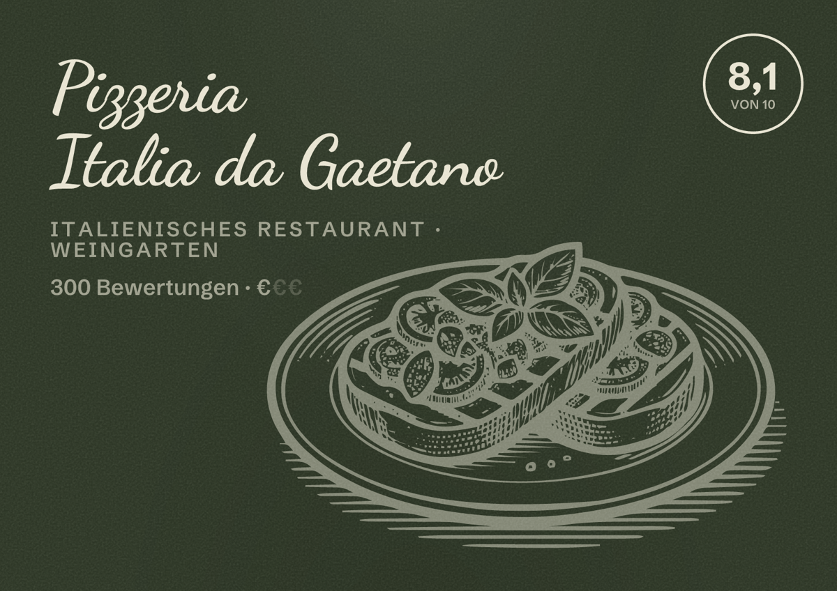 Illustriertes Poster von Pizzeria Italia da Gaetano, Italienisches Restaurant in Weingarten: Bewertung 8,1 von 10 aus 300 Bewertungen, Preisniveau €