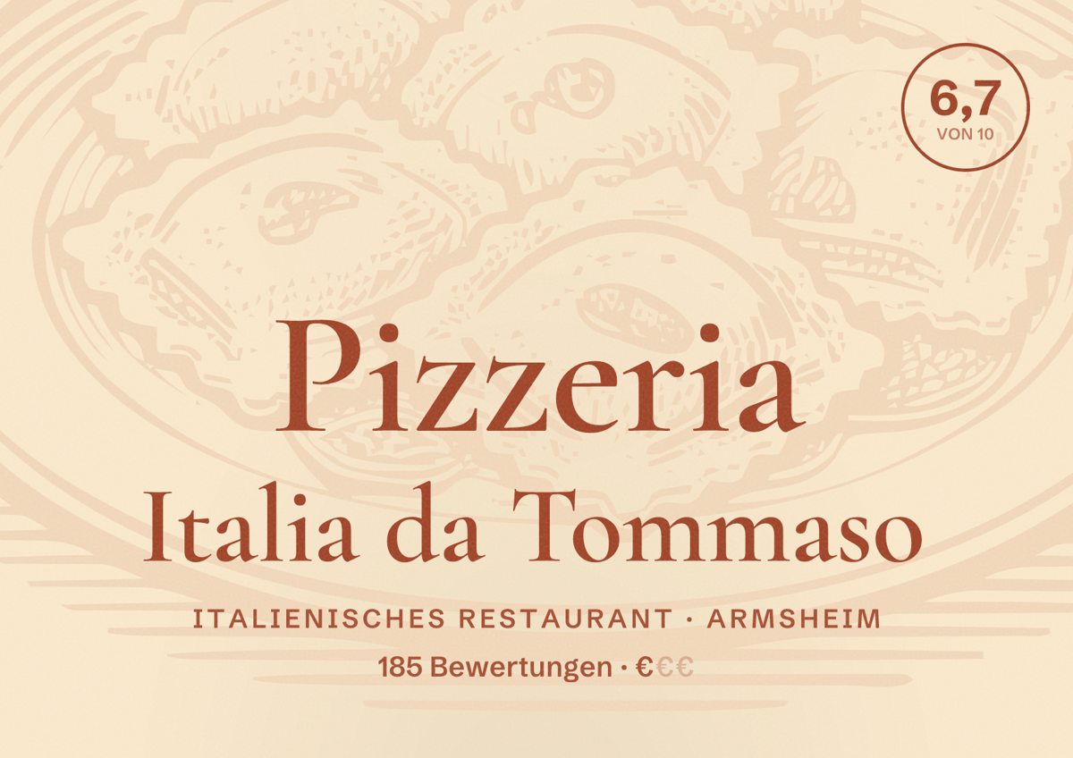 Illustriertes Poster von Pizzeria Italia da Tommaso, Italienisches Restaurant in Armsheim: Bewertung 6,7 von 10 aus 185 Bewertungen, Preisniveau €