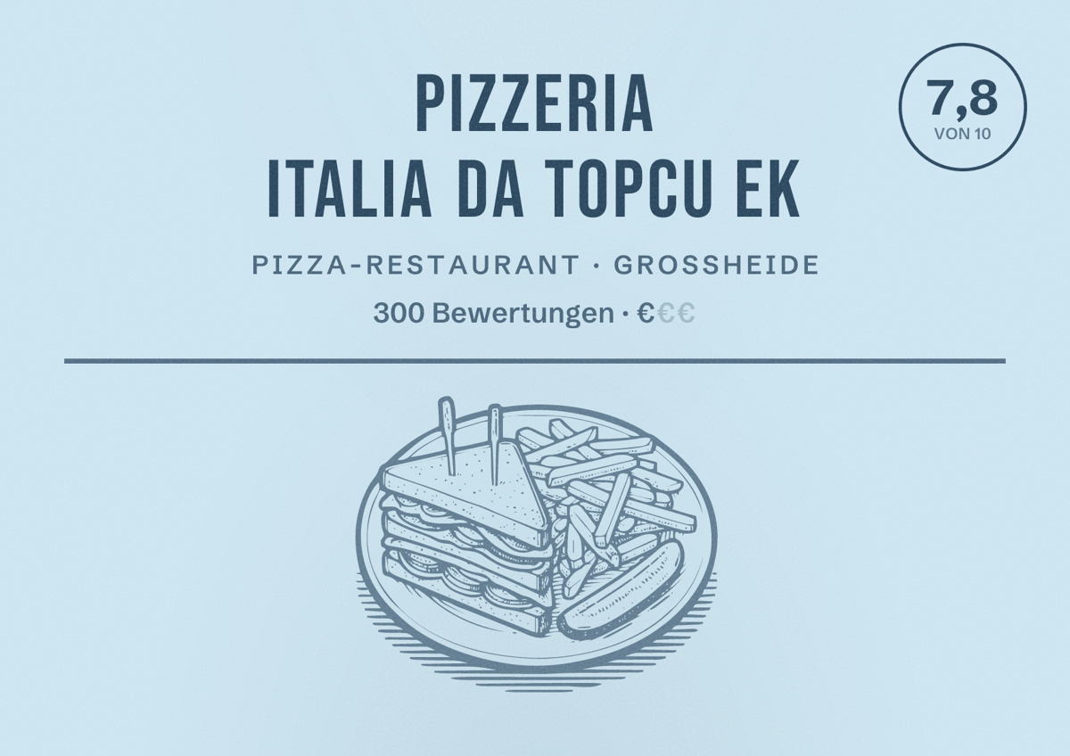 Illustriertes Poster von Pizzeria Italia da Topcu ek, Pizza-Restaurant in Großheide: Bewertung 7,8 von 10 aus 300 Bewertungen, Preisniveau €