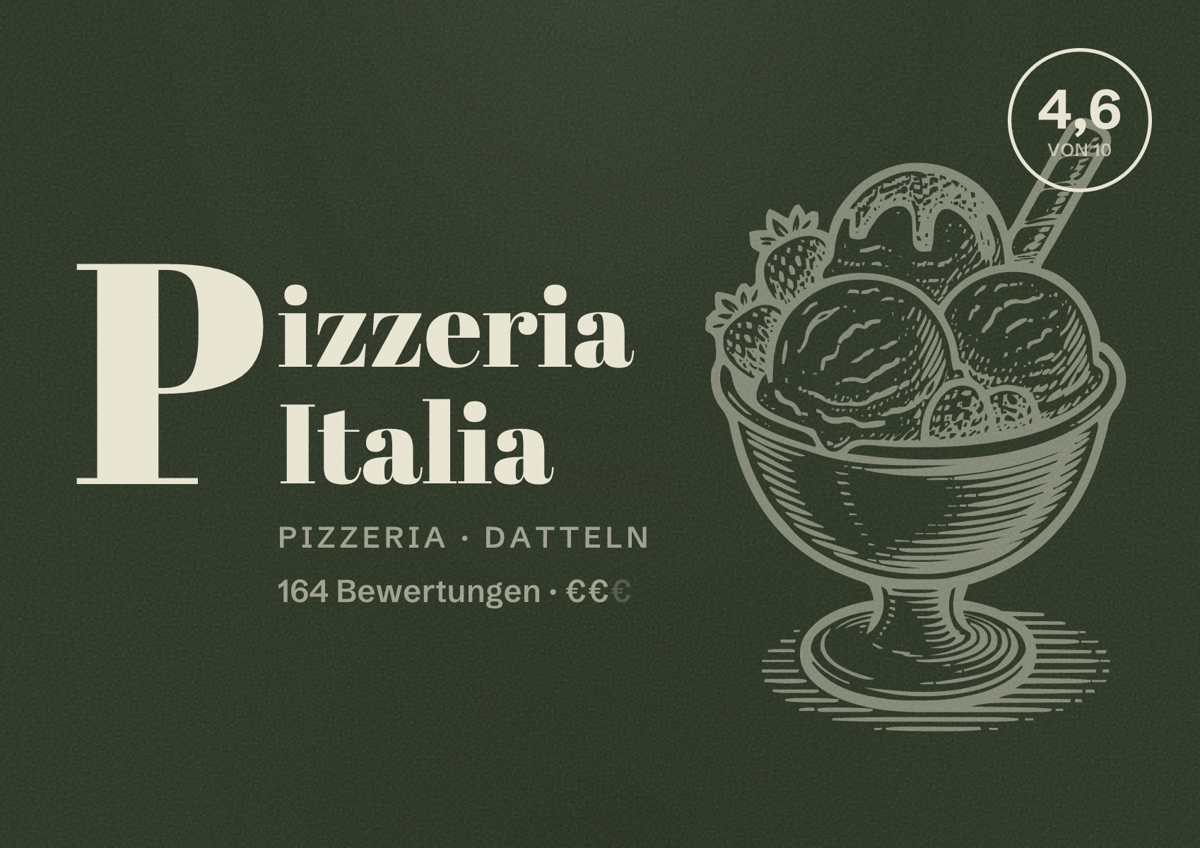 Illustriertes Poster von Pizzeria Italia, Pizzeria in Datteln: Bewertung 4,6 von 10 aus 164 Bewertungen, Preisniveau €€