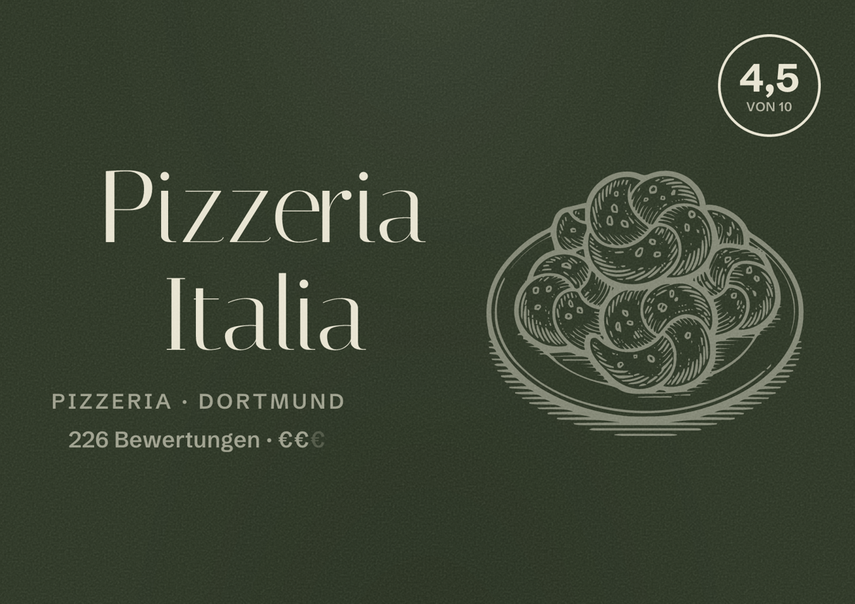 Illustriertes Poster von Pizzeria Italia, Pizzeria in Dortmund: Bewertung 4,5 von 10 aus 226 Bewertungen, Preisniveau €€