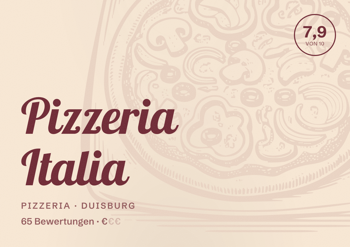 Illustriertes Poster von Pizzeria Italia, Pizzeria in Duisburg: Bewertung 7,9 von 10 aus 65 Bewertungen, Preisniveau €