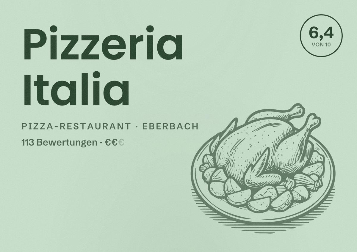 Illustriertes Poster von Pizzeria Italia, Pizza-Restaurant in Eberbach: Bewertung 6,4 von 10 aus 113 Bewertungen, Preisniveau €€