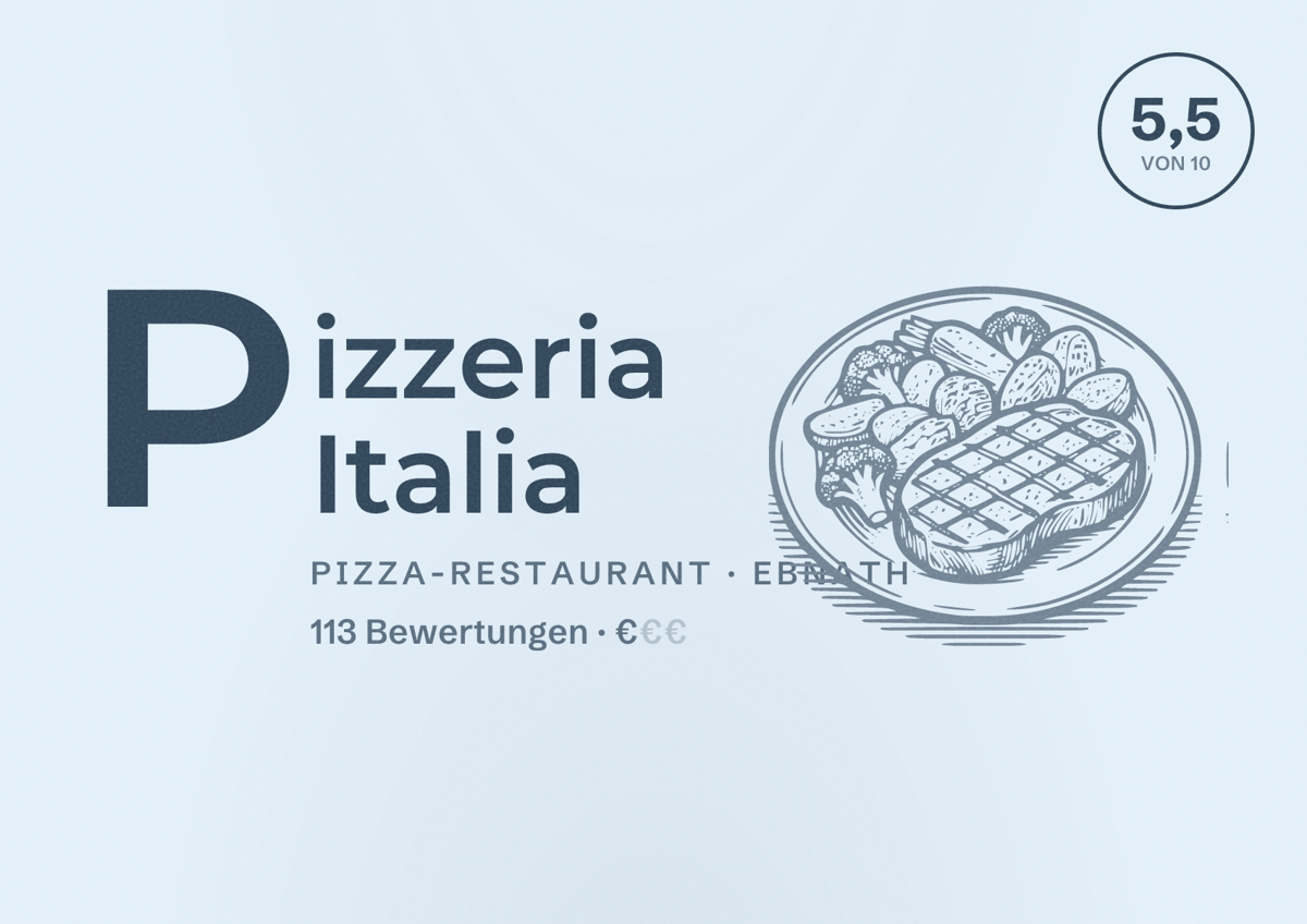 Illustriertes Poster von Pizzeria Italia, Pizza-Restaurant in Ebnath: Bewertung 5,5 von 10 aus 113 Bewertungen, Preisniveau €