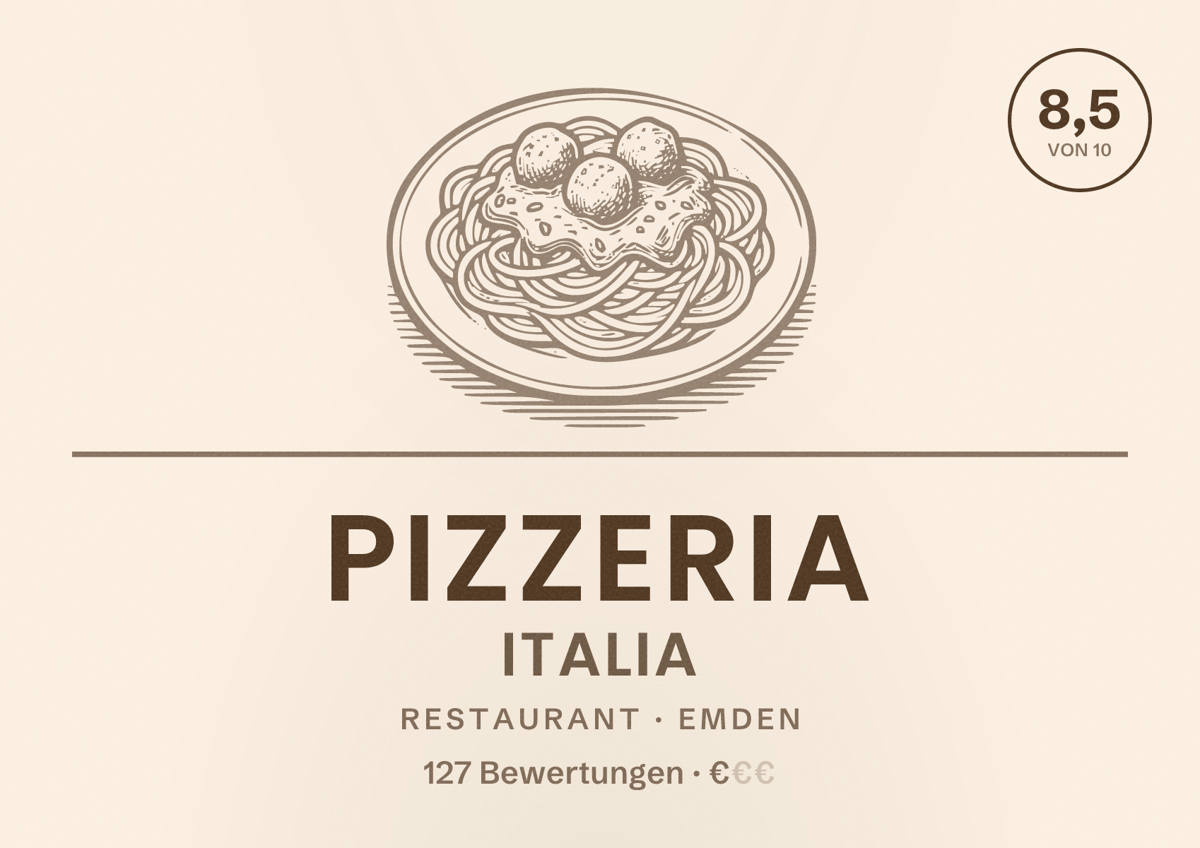 Illustriertes Poster von Pizzeria Italia, Restaurant in Emden: Bewertung 8,5 von 10 aus 127 Bewertungen, Preisniveau €