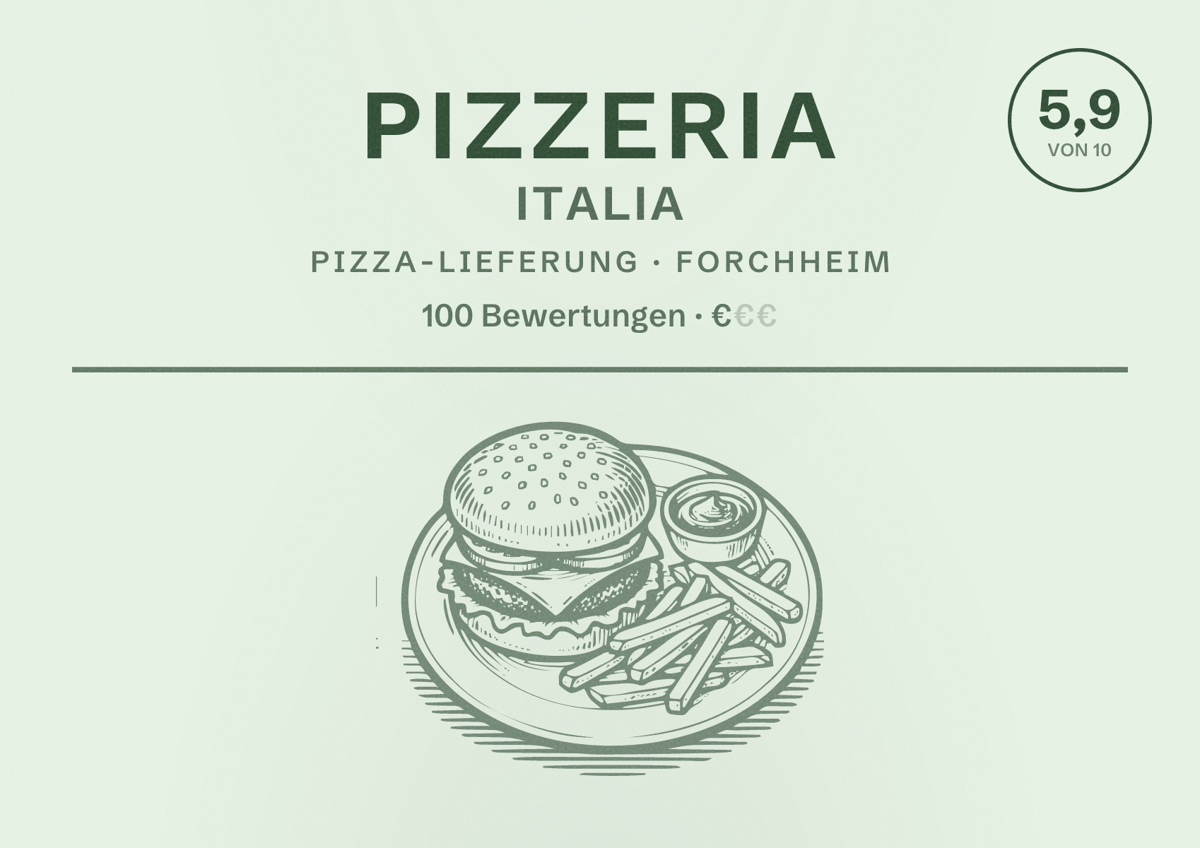 Illustriertes Poster von Pizzeria Italia, Pizza-Lieferung in Forchheim: Bewertung 5,9 von 10 aus 100 Bewertungen, Preisniveau €
