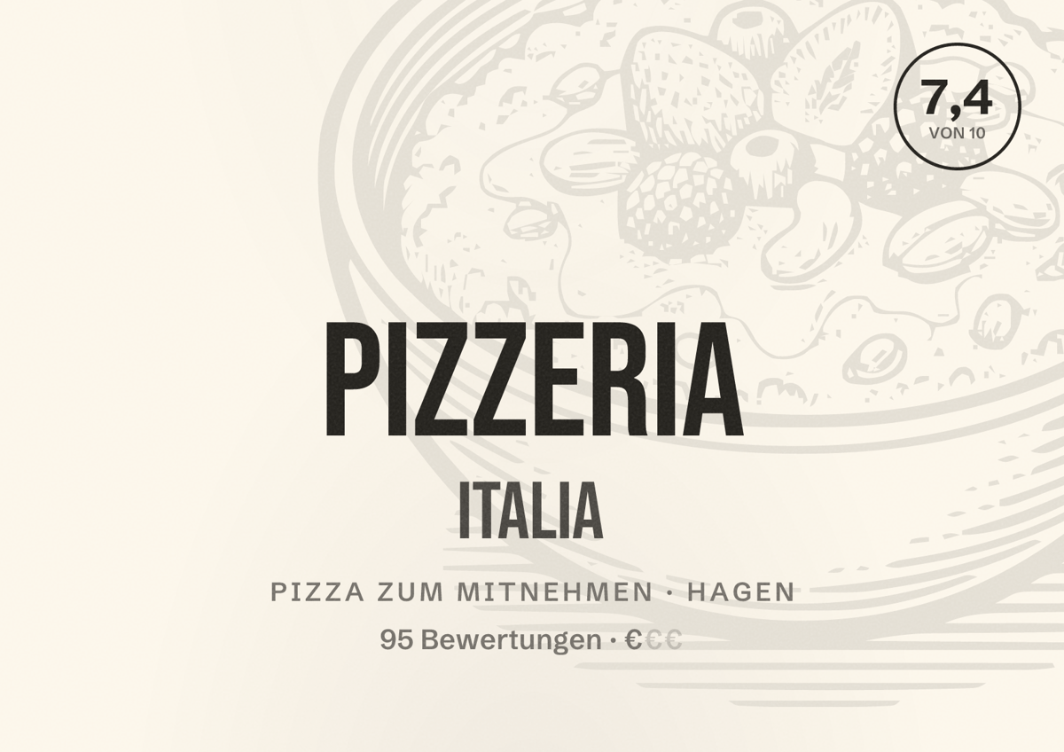 Illustriertes Poster von Pizzeria Italia, Pizza zum Mitnehmen in Hagen: Bewertung 7,4 von 10 aus 95 Bewertungen, Preisniveau €